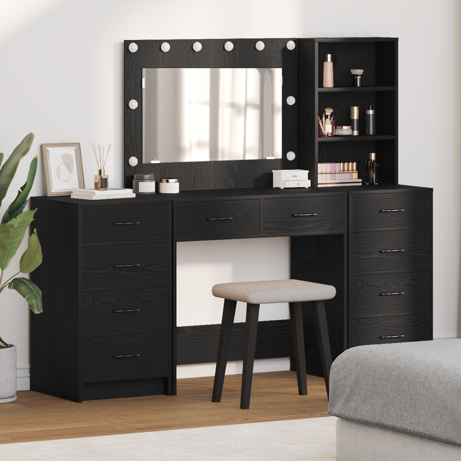 3-Delige Kaptafel Set Met Led Zwart Bewerkt Hout