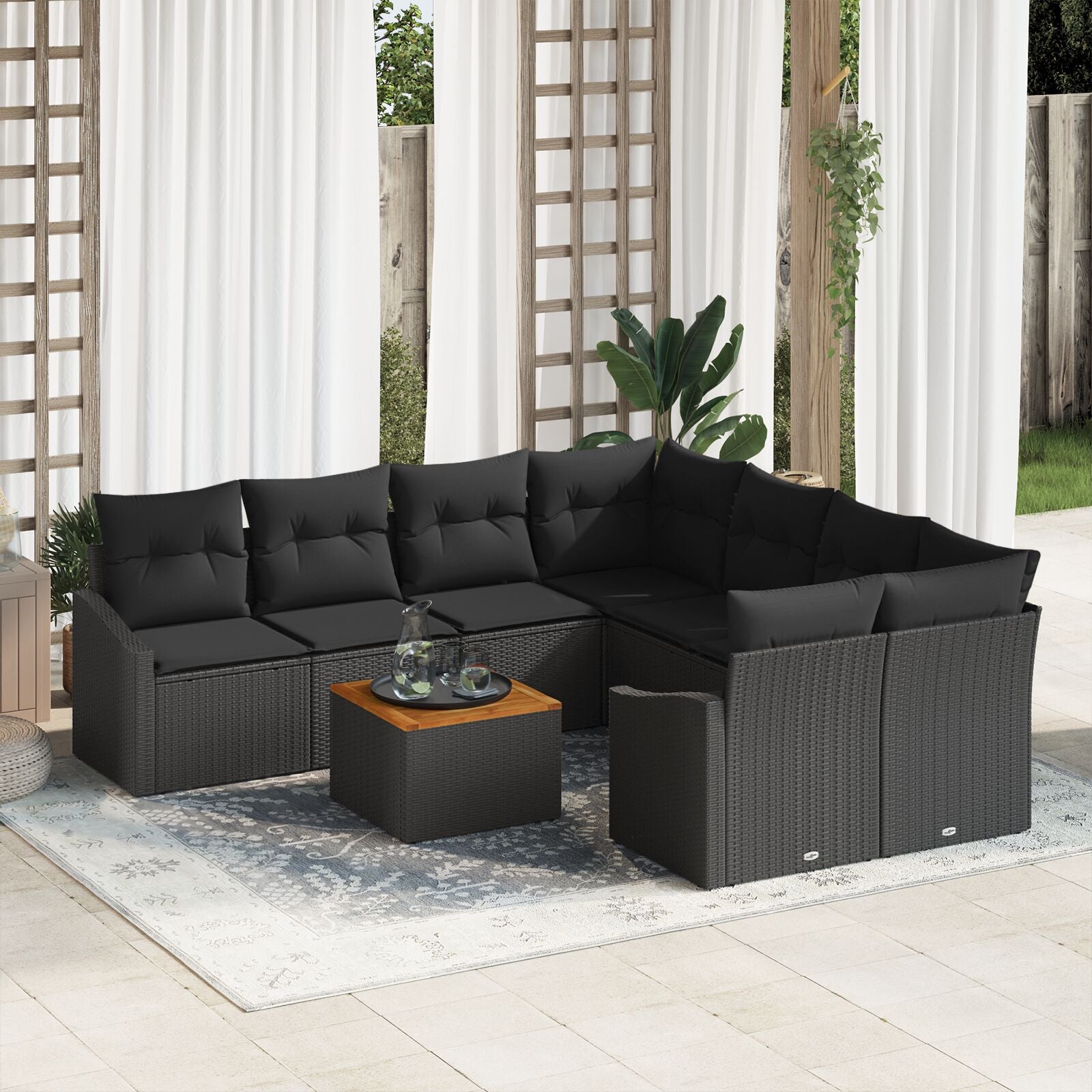 9-Delige Tuinsofa Set Met Kussens Zwart Poly Rattan Acacia