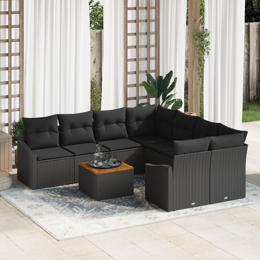 9-Delige Tuinsofa Set Met Kussens Zwart Poly Rattan Acacia