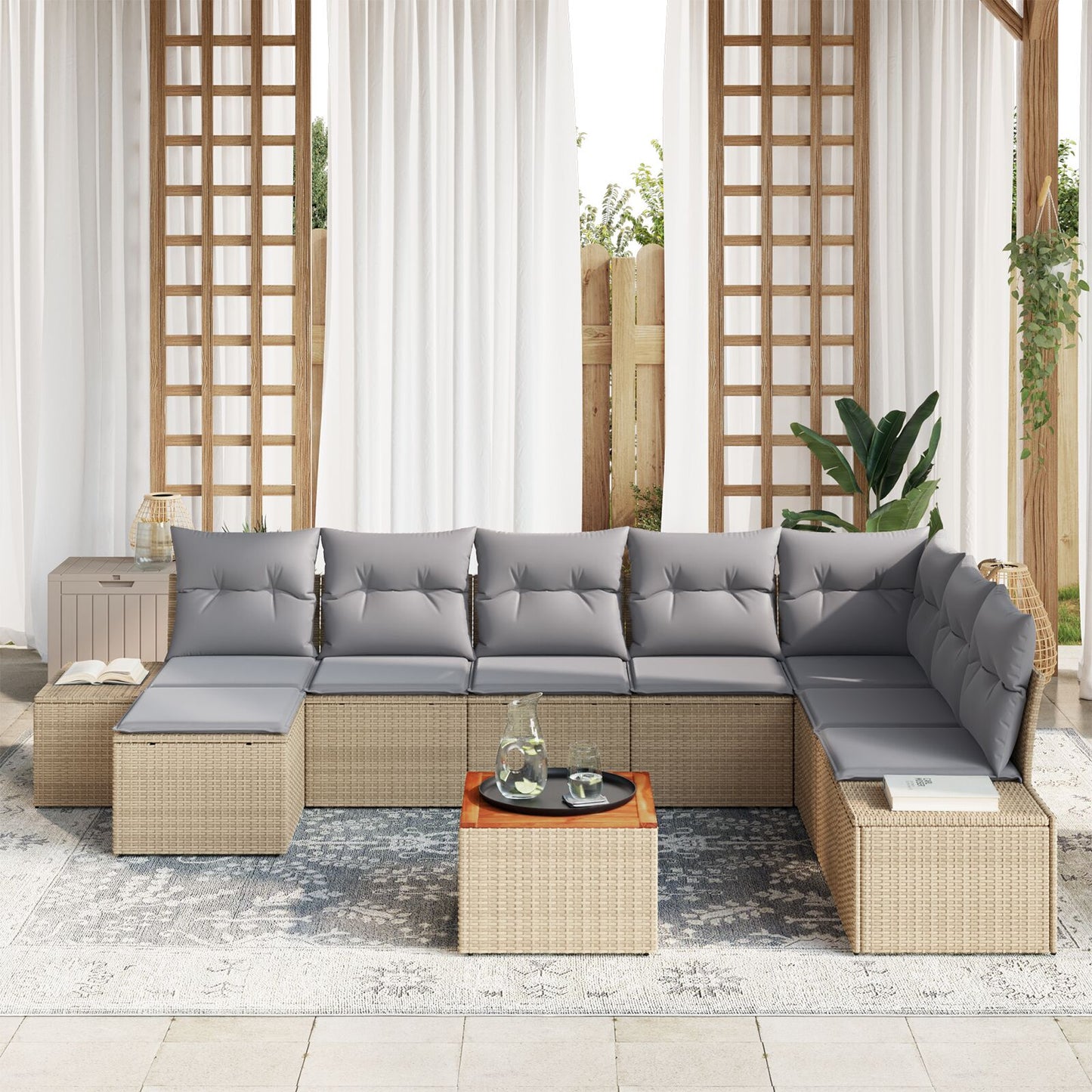 9-Delige Tuin Sofa Set Met Kussens Beige Poly Rattan Acacia