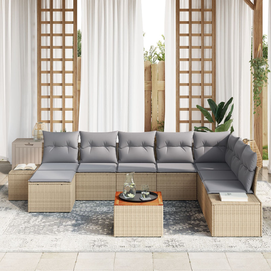 9-Delige Tuin Sofa Set Met Kussens Beige Poly Rattan Acacia