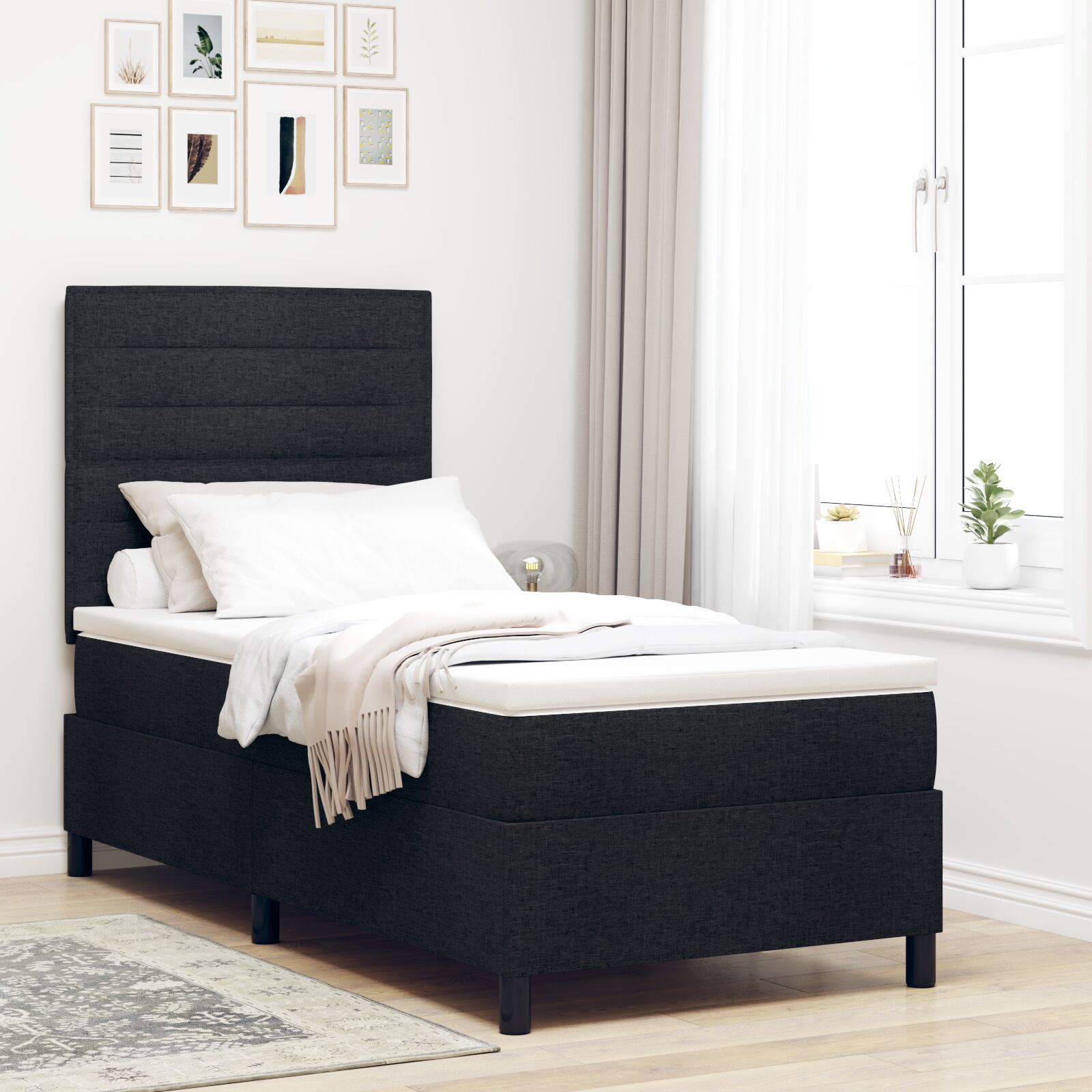 Boxspringbed Met Matras Stof Zwart 90 x 200 cm Lijnen ontwerp