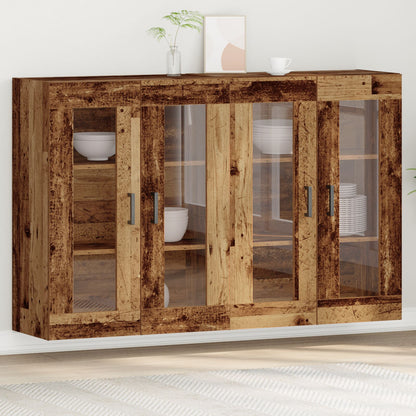 Wandkast Set Van 2 Oud Hout, Zwart Bewerkt Hout, Glas