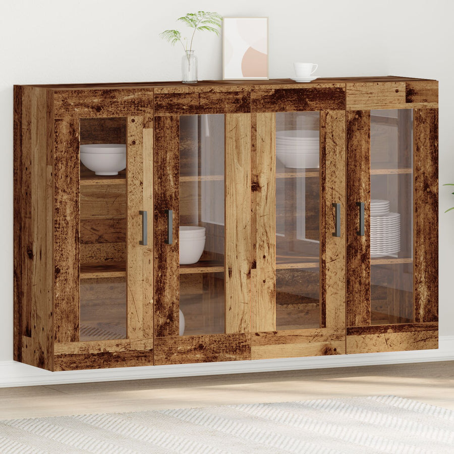 Wandkast Set Van 2 Oud Hout, Zwart Bewerkt Hout, Glas