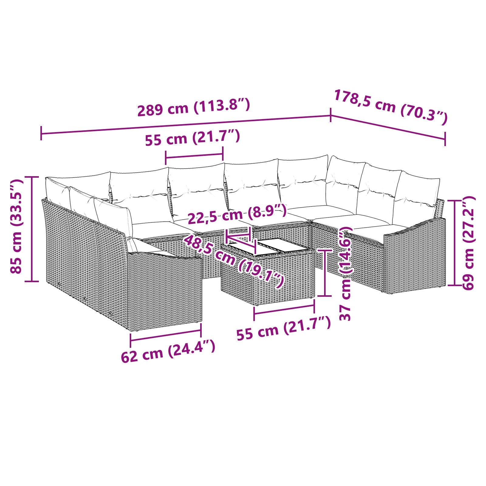 10-Delige Tuin Sofa Set Met Kussens Grijs Poly Rattan Lichtgrijs met tafel