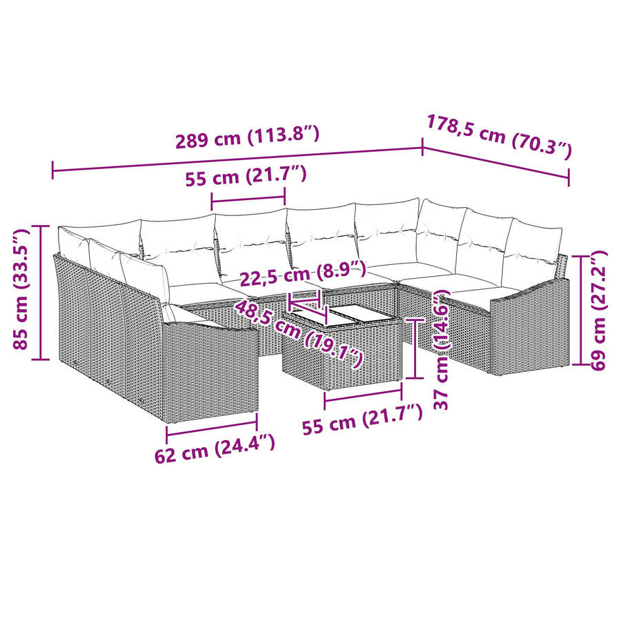 10-Delige Tuin Sofa Set Met Kussens Grijs Poly Rattan Lichtgrijs met tafel