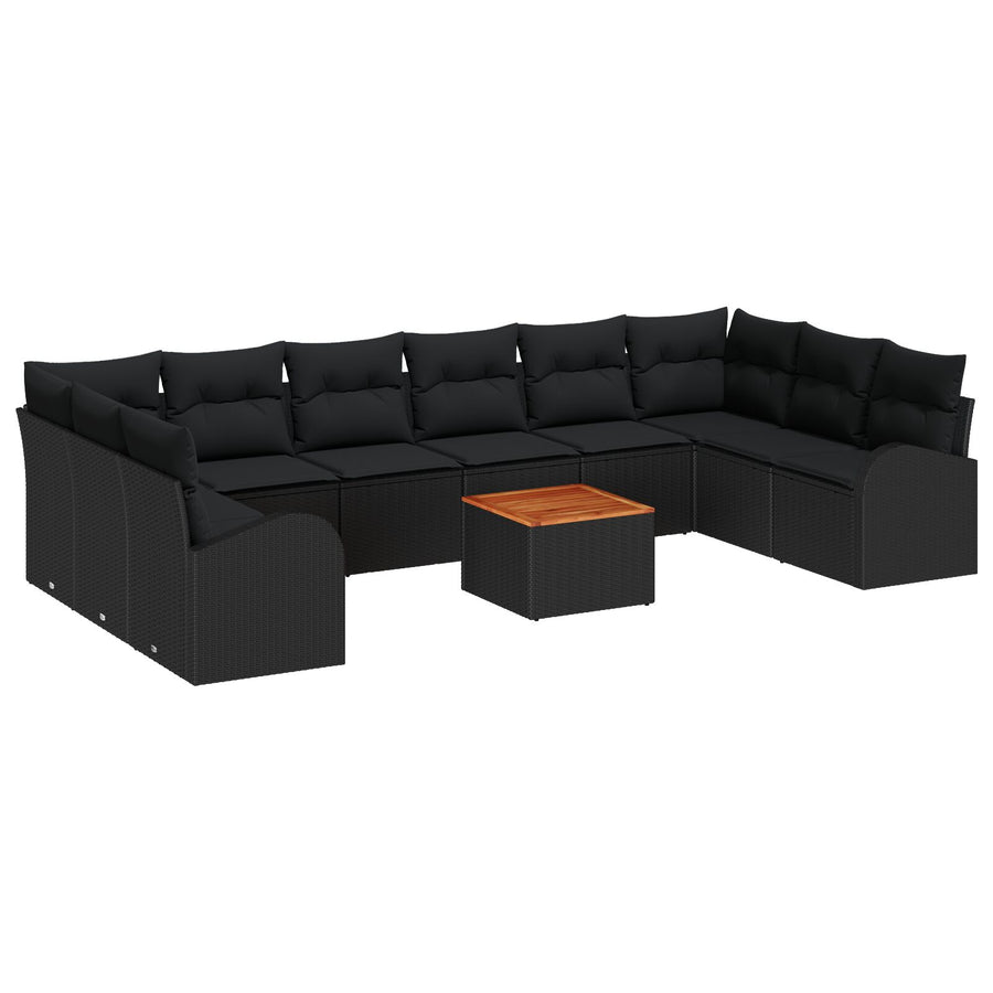 11-Delige Tuinsofa Set Met Kussens Zwart Poly Rattan Acacia