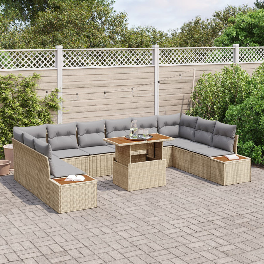 11-Delige Tuin Eetset Met Kussens Beige Poly Rattan Acacia