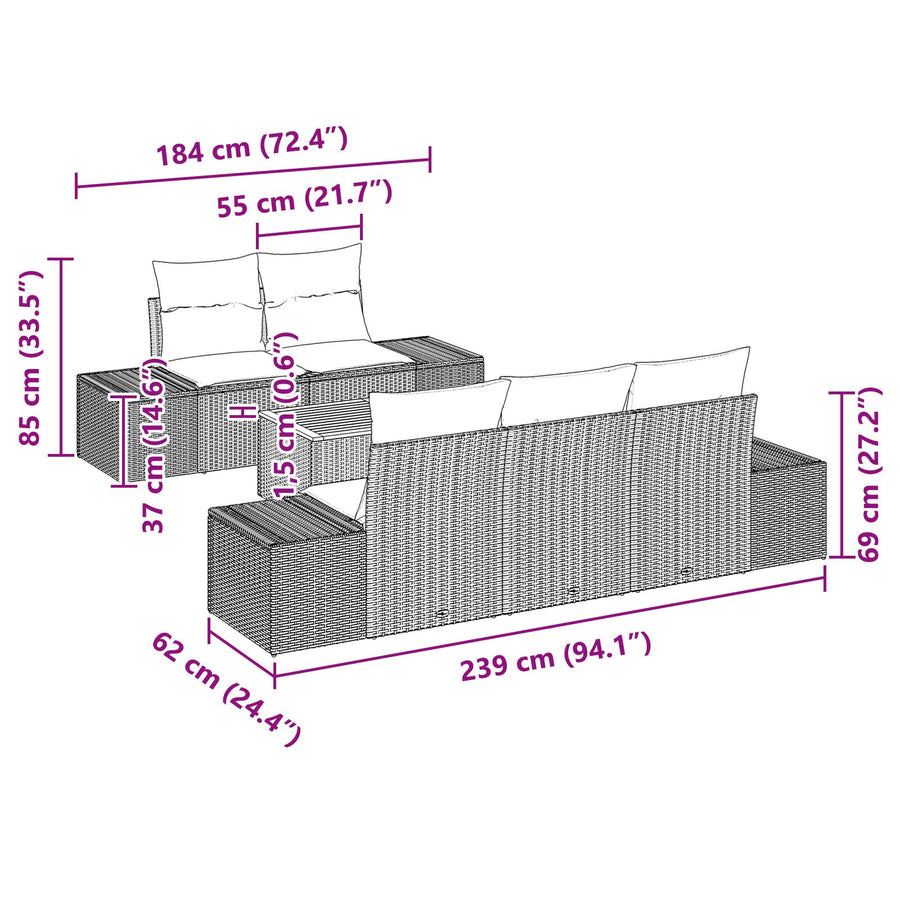 6-Delige Tuinbank Set Met Kussens Zwart Poly Rattan Acacia