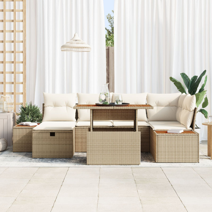 7 Delige Tuin Sofa Set Met Kussens Beige Poly Rattan
