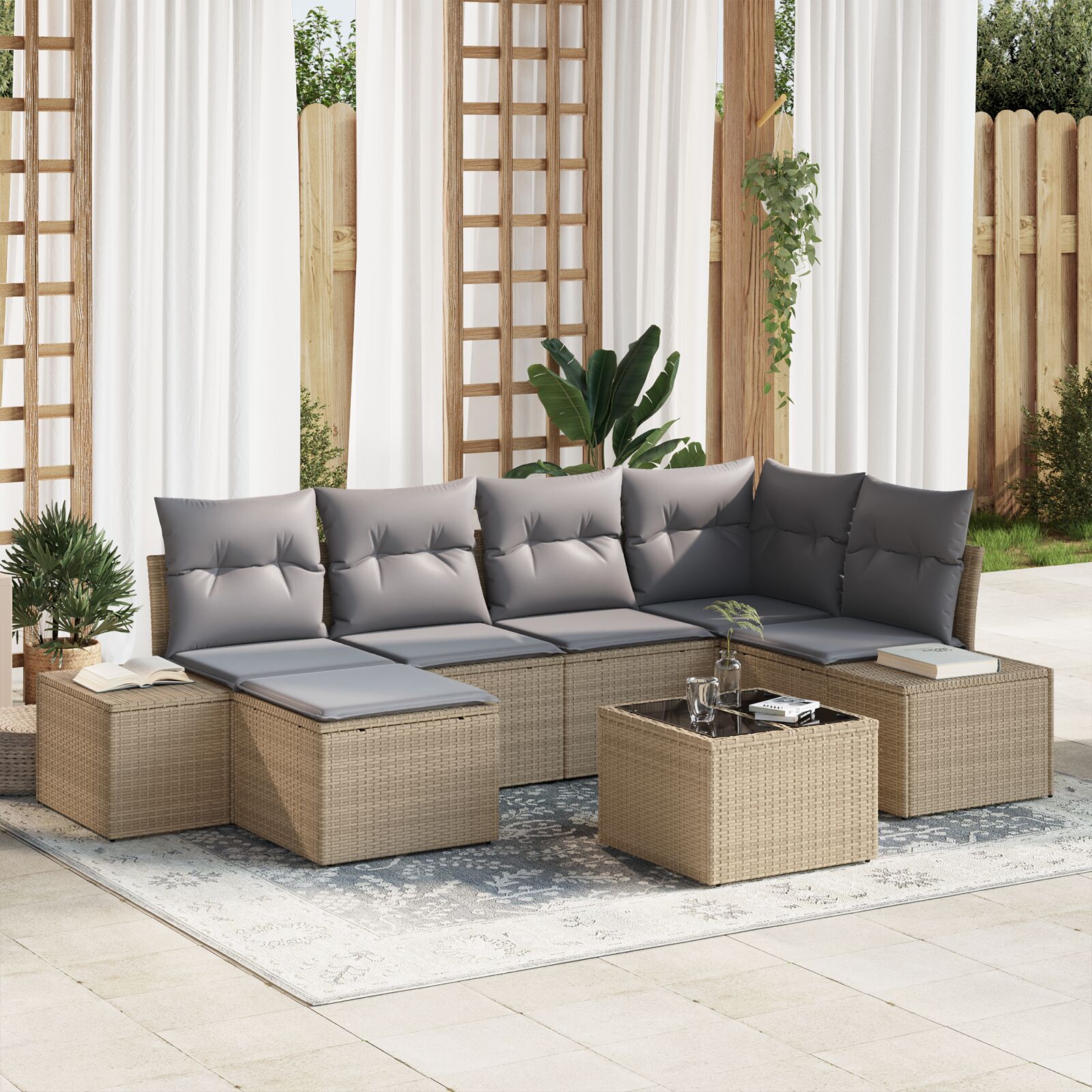 7-Delige Tuinbankset Met Kussens Zwart Poly Rattan