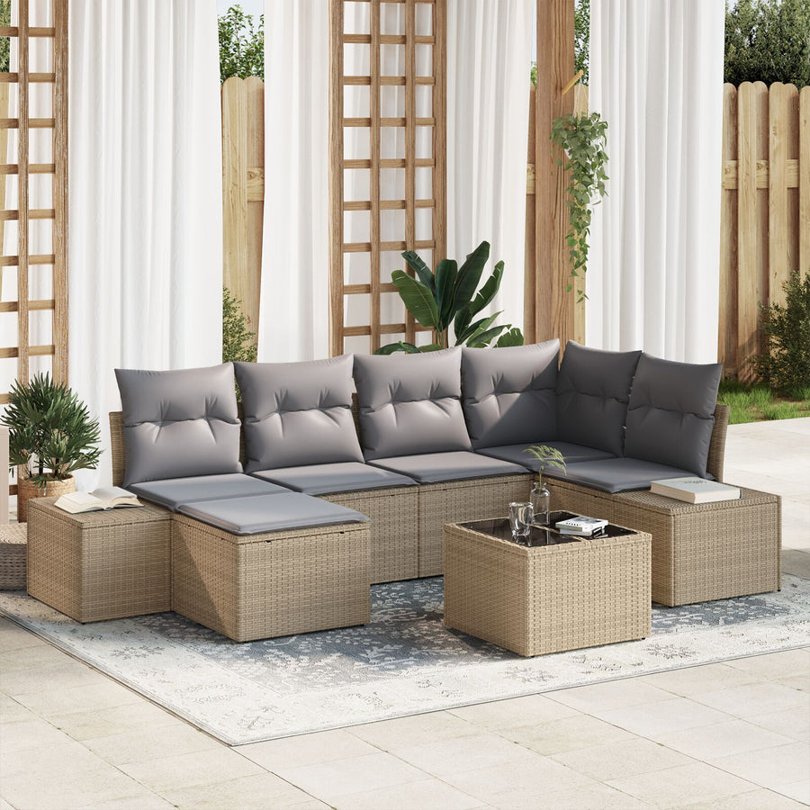 7-Delige Tuinbankset Met Kussens Zwart Poly Rattan