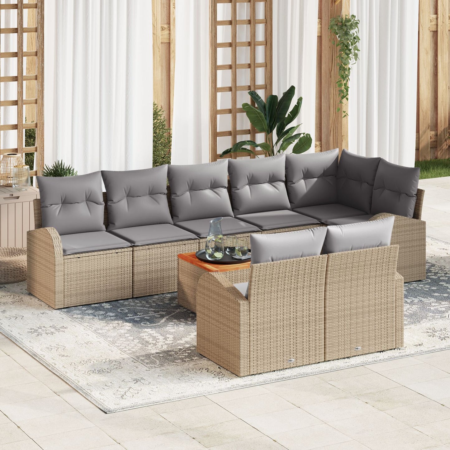 9-Delige Tuinsofa Set Met Kussens Beige Poly Rattan Acacia