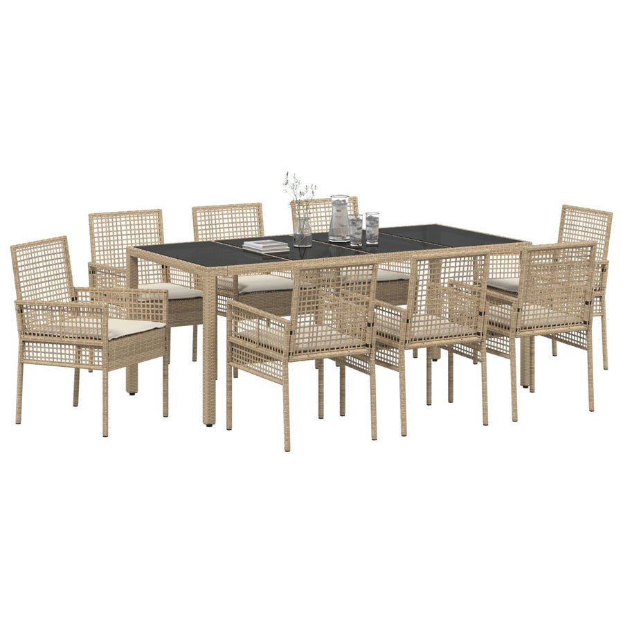 9-Delige Tuin Dinerset Met Kussens Beige Poly Rattan