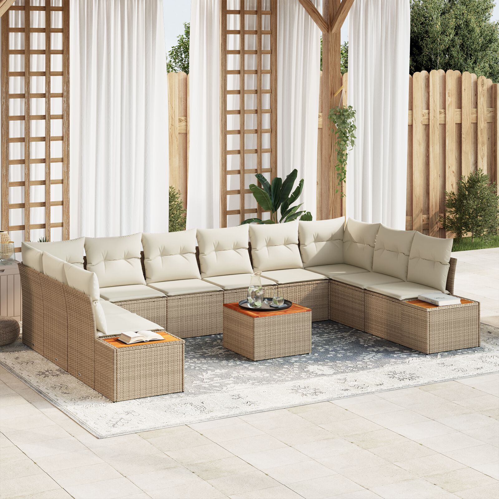 11-Delige Tuin Sofa Set Met Kussens Beige Poly Rattan Acacia