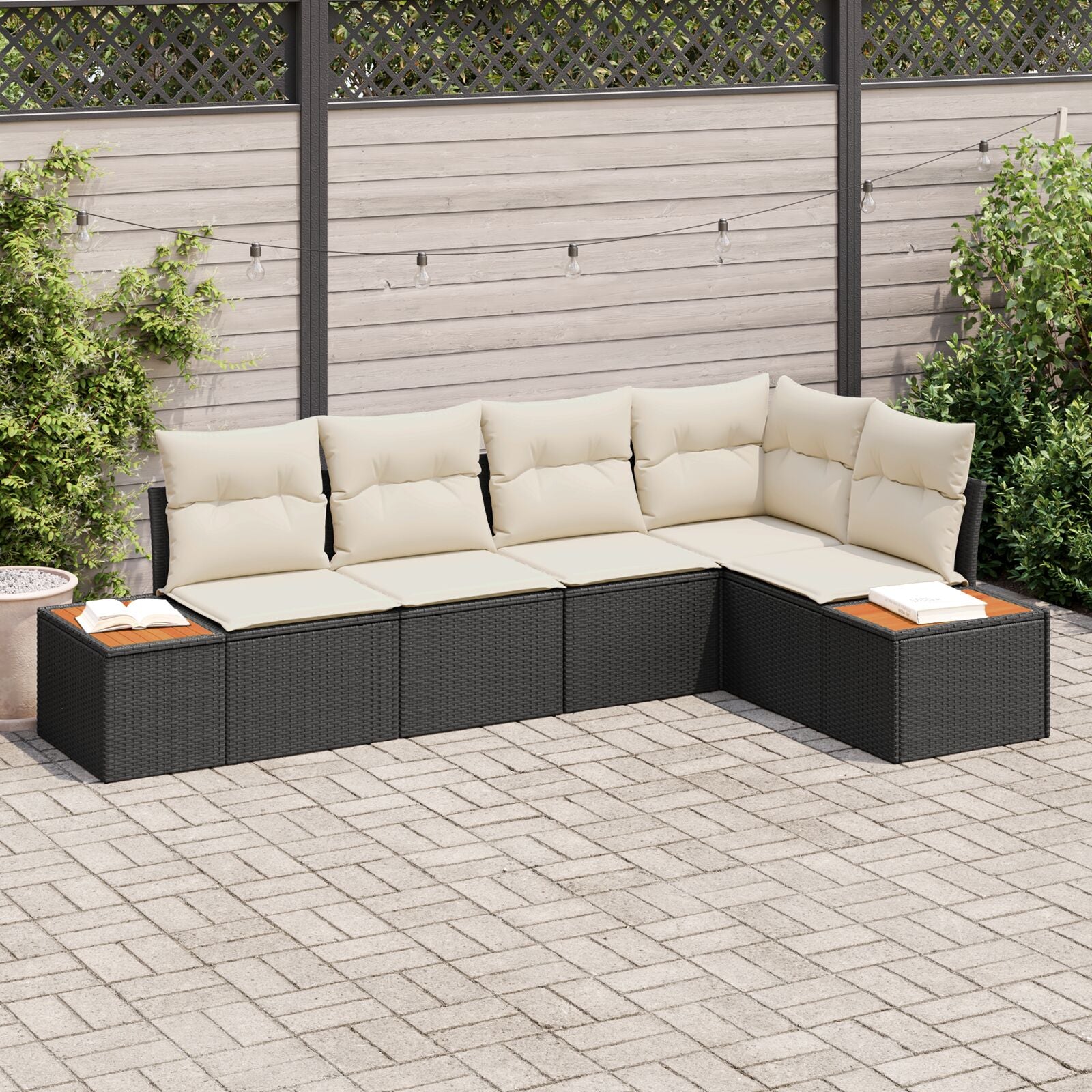 5-Delige Tuin Sofa Set Met Kussens Zwart Poly Rattan Acacia