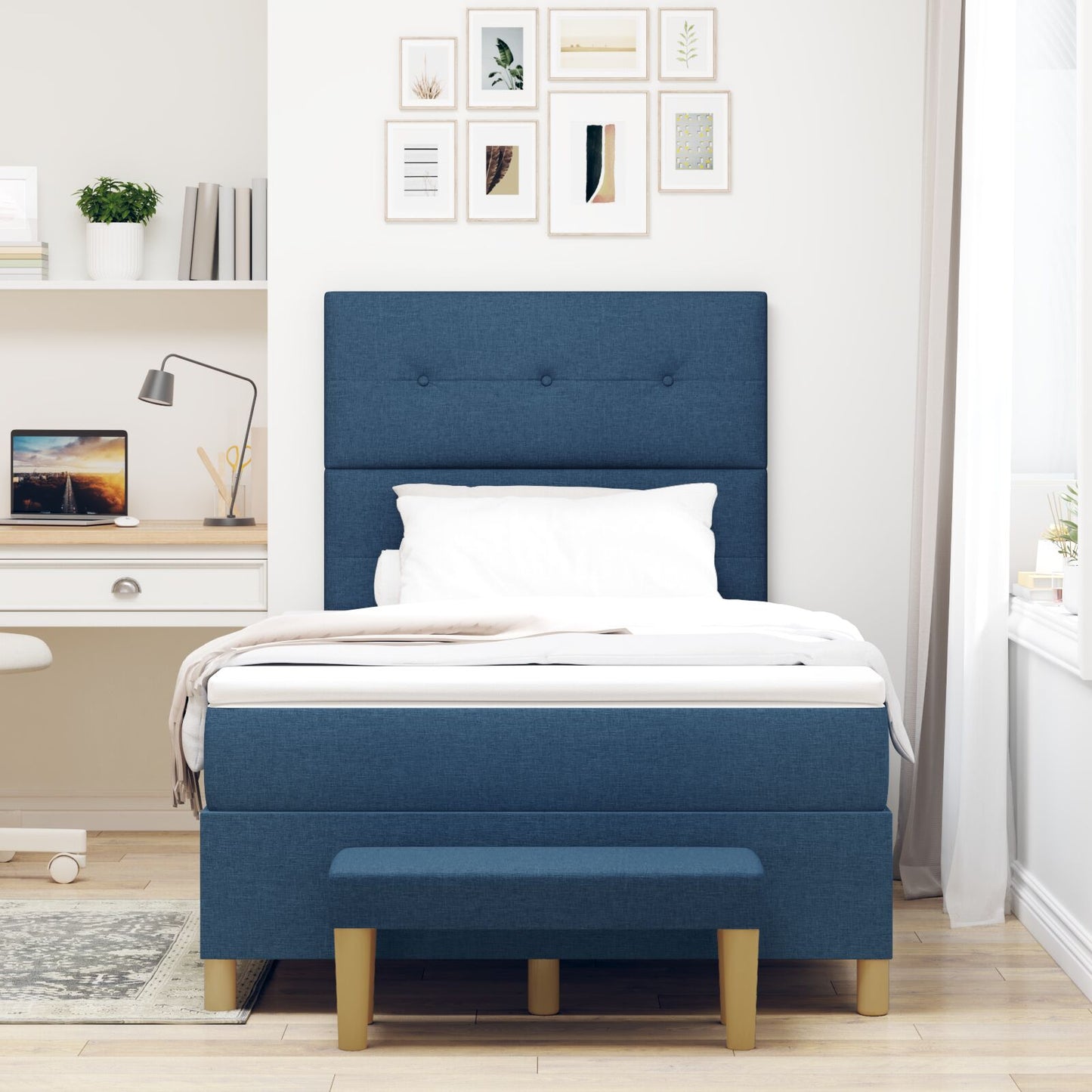 Boxspring Bed Met Matras & Bank Stof Blauw 120 x 190 cm Knop gestikte