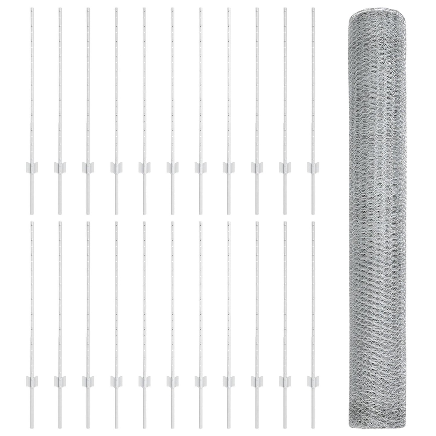 Hekpalen 22 St U-Channel 100 Cm Gegalvaniseerd Staal,  Hexagon Hek 1X50 M Gegalvaniseerd Staal