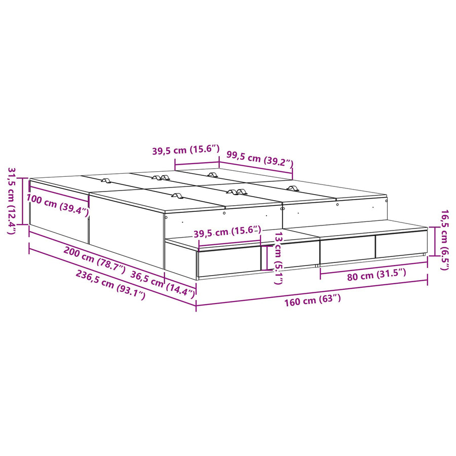 Opbergbedframe Zwart Eiken Bewerkt Hout 236,5 X 150 X 31,5 Cm Artisanaal Eiken