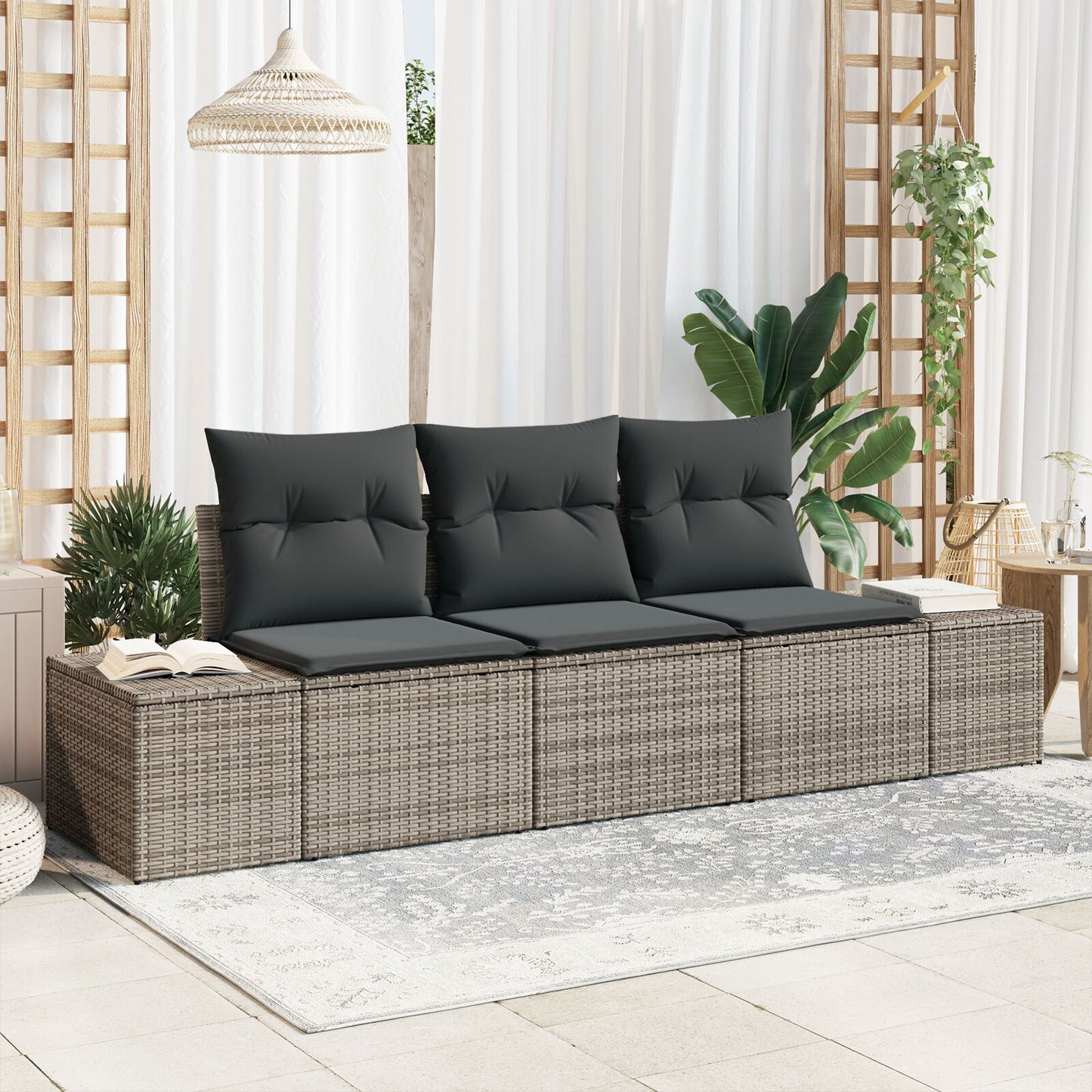 3-Delige Tuinsofa Set Met Kussens Grijs Poly Rattan