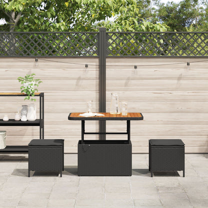 3-Delige Tuin Dineerset Met Kussens Poly Rattan Acaciahout 90 cm Zwart 2 stools
