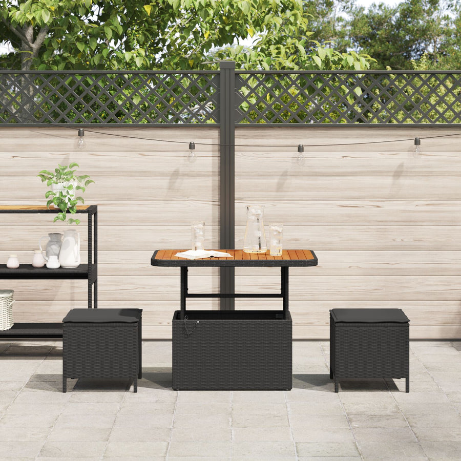 3-Delige Tuin Dineerset Met Kussens Poly Rattan Acaciahout 90 cm Zwart 2 stools