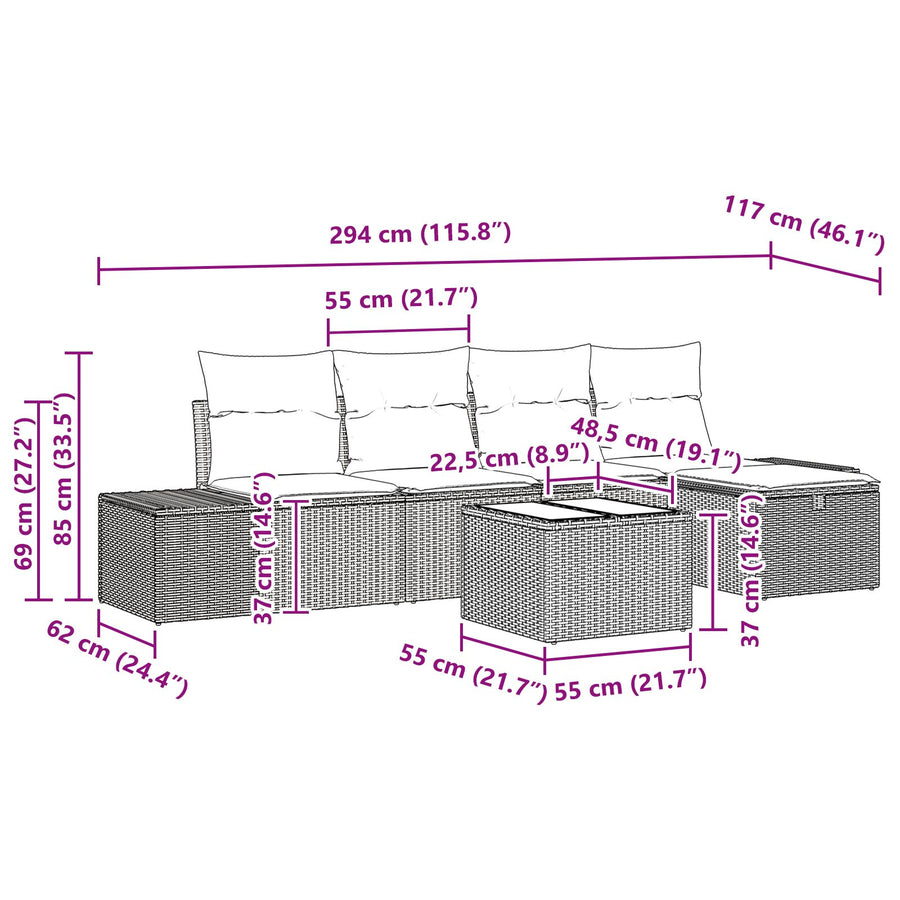 6-Delige Tuin Sofa Set Met Kussens Grijs Poly Rattan