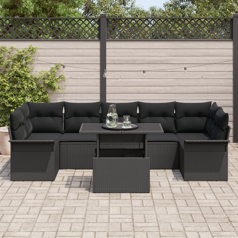 8-Delige Tuinbankset Met Kussens Zwart Poly Rattan