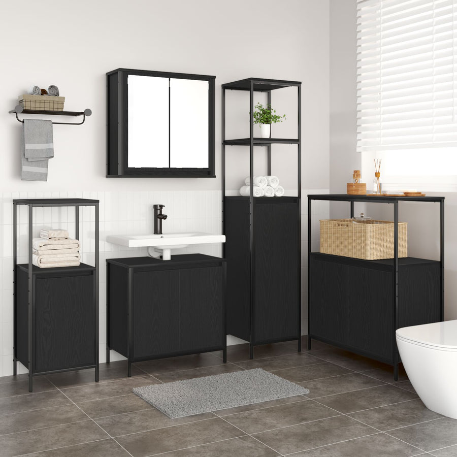 5-Delige Badkamermeubelset Engineered Hout Zwart eiken Waskast + wandkast + 3x badkamer kast
