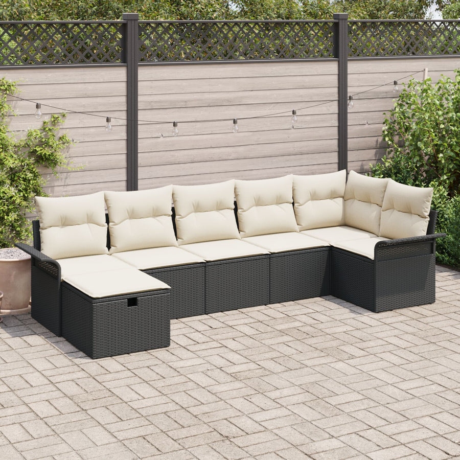 7-Delige Tuin Sofa Set Met Kussens Zwart Poly Rattan