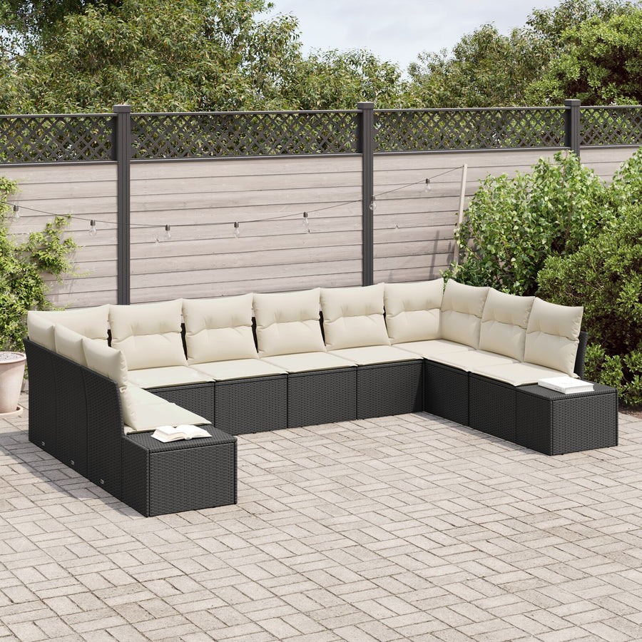 10-Delige Tuinbankset Met Kussens Poly Rattan Zwart en Crème zonder tafel