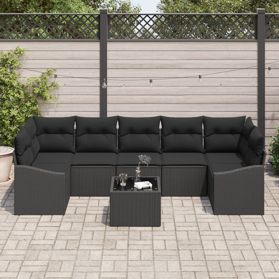 8-Delige Tuin Sofa Set Met Kussens Zwart Poly Rattan Gegalvaniseerd Staal