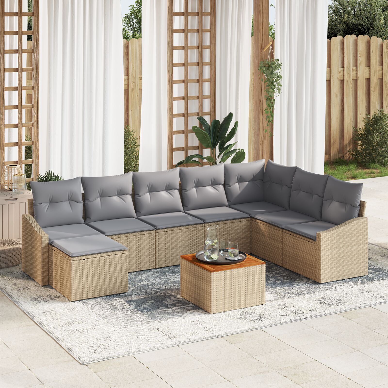 9-Delige Tuin Sofa Set Met Kussens Beige Poly Rattan Acacia