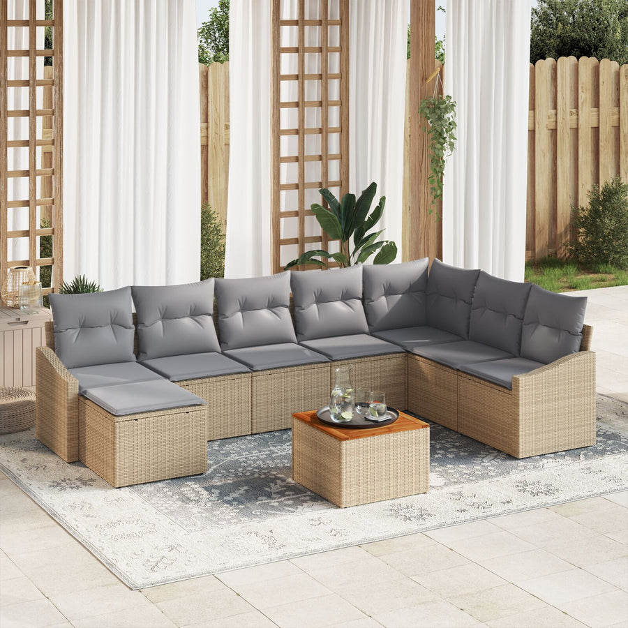 9-Delige Tuin Sofa Set Met Kussens Beige Poly Rattan Acacia