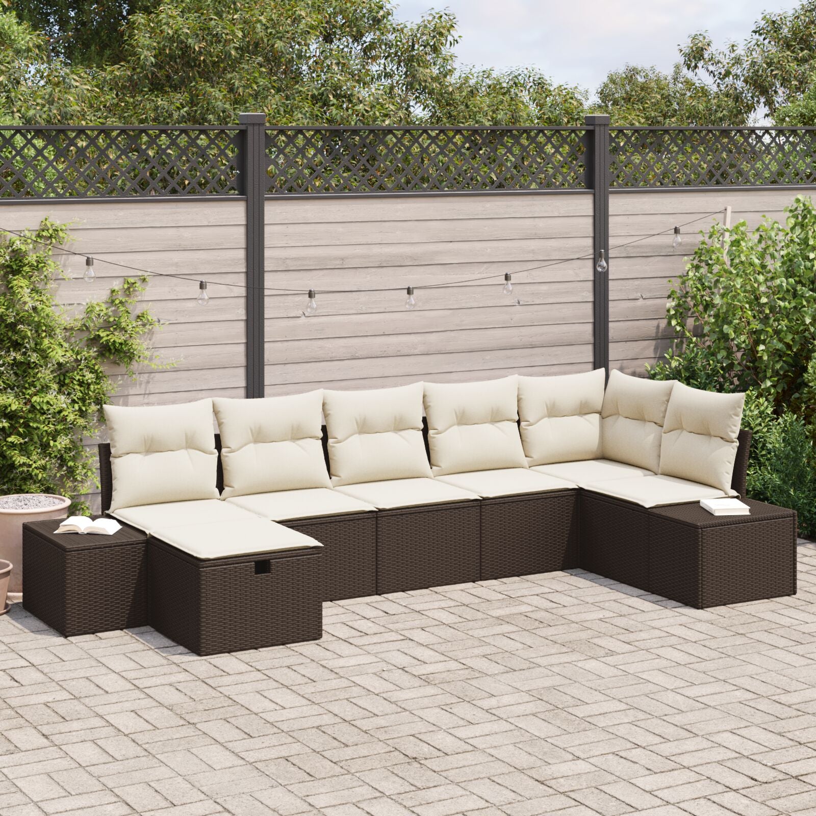 7-Delige Tuin Sofa Set Met Kussens Bruin Poly Rattan Wit