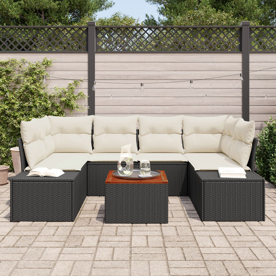 7-Delige Tuinbankset Met Kussens Zwart Poly Rattan Acacia