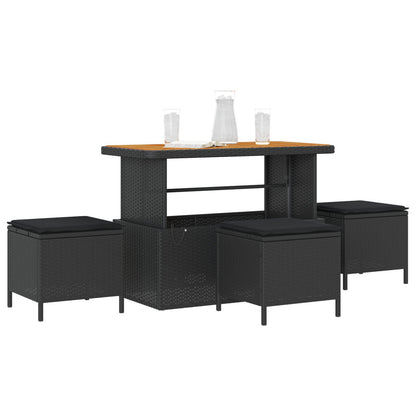 4 Delige Tuin Eettafel Set Met Kussens Poly Rattan Acacia 110 cm Zwart 3 krukken