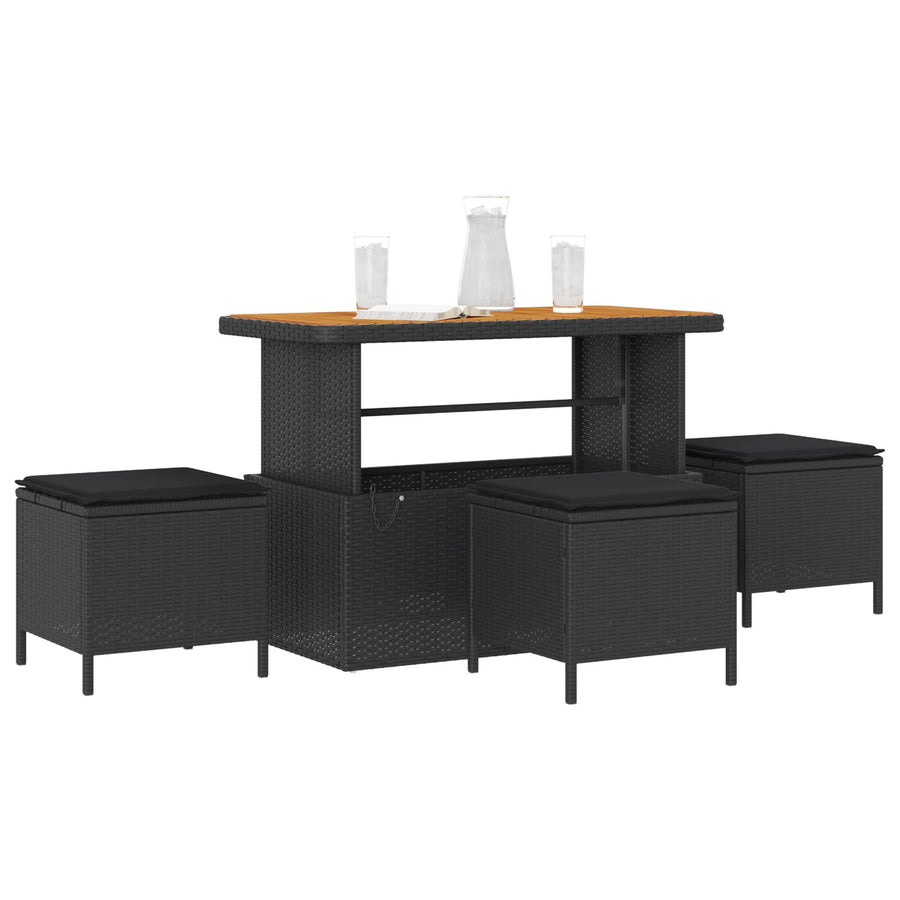 4 Delige Tuin Eettafel Set Met Kussens Poly Rattan Acacia 110 cm Zwart 3 krukken