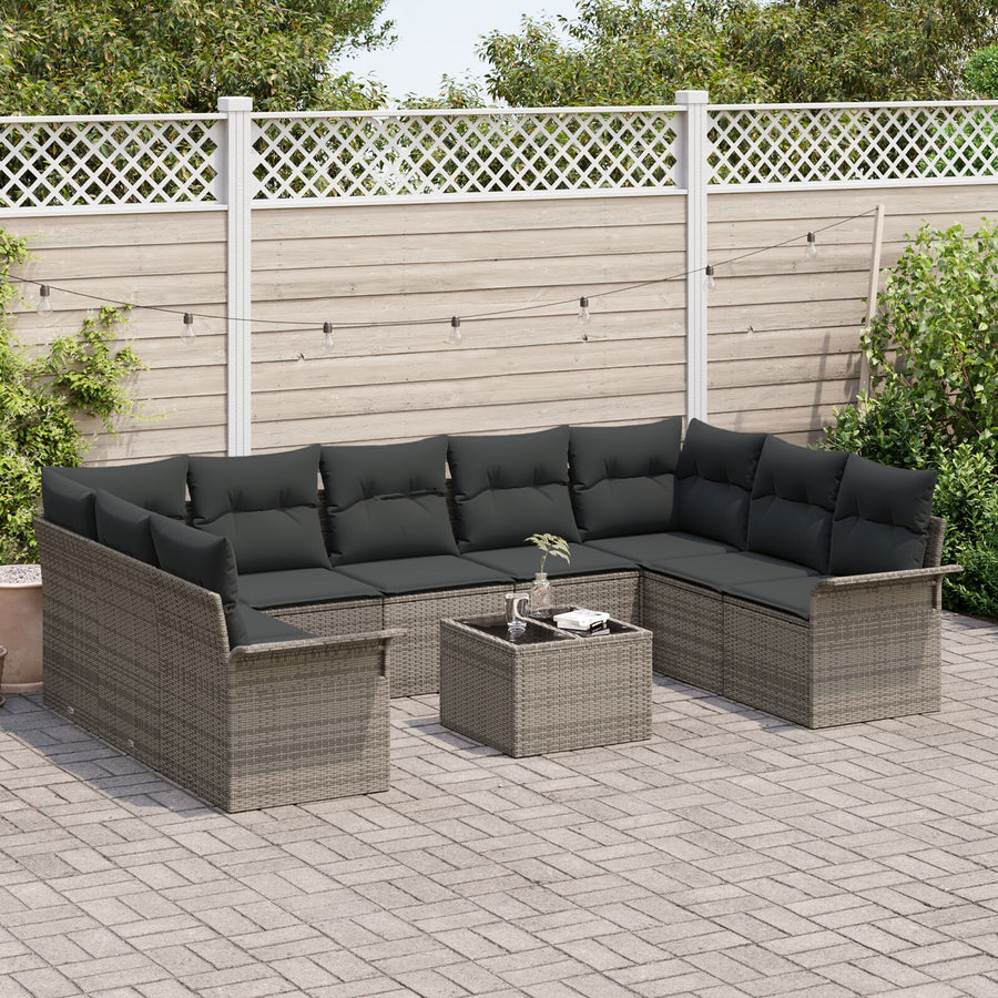 9-Delige Tuin Sofa Set Met Kussens Zwart Poly Rattan Grijs met tafel
