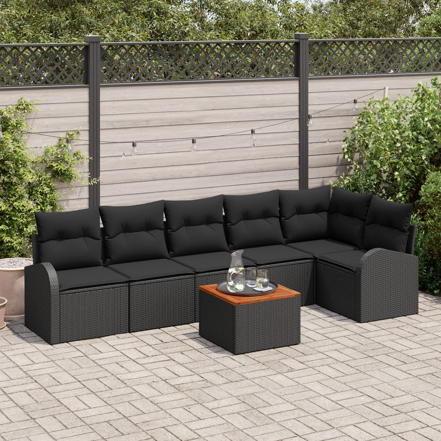 7-Delige Tuin Sofa Set Met Kussens Zwart Poly Rattan Acacia
