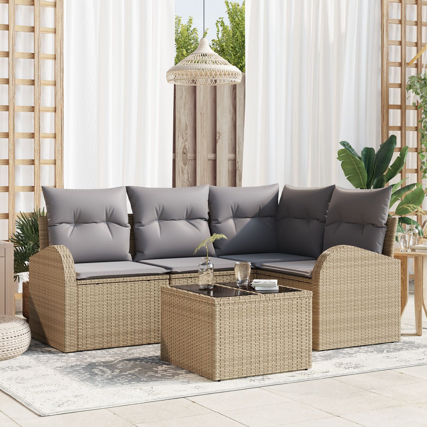 5-Delige Tuin Sofa Set Met Kussens Zwart Poly Rattan Beige en Grijs met tafel