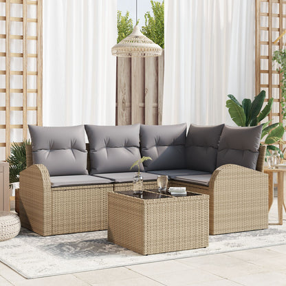 5-Delige Tuin Sofa Set Met Kussens Zwart Poly Rattan Beige en Grijs met tafel