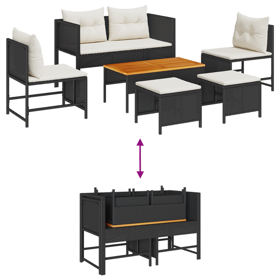 6-delige tuinsofa set met kussens in zwart poly rattan