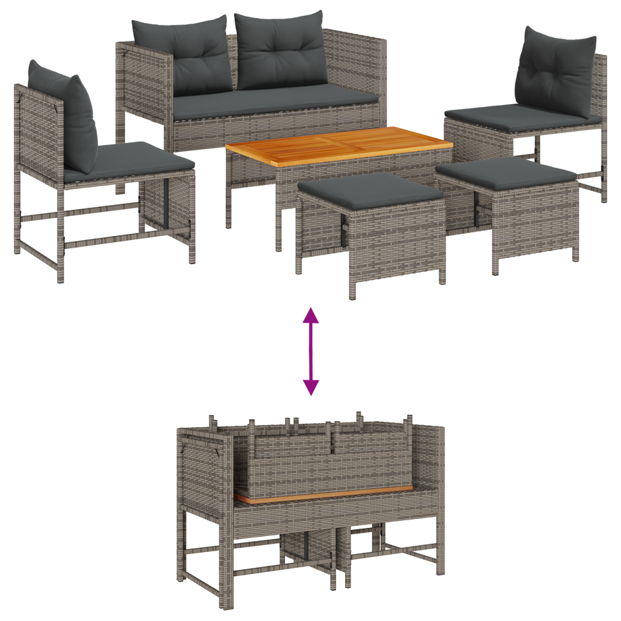 6-delige tuinsofa set met kussens in het grijs van poly rattan