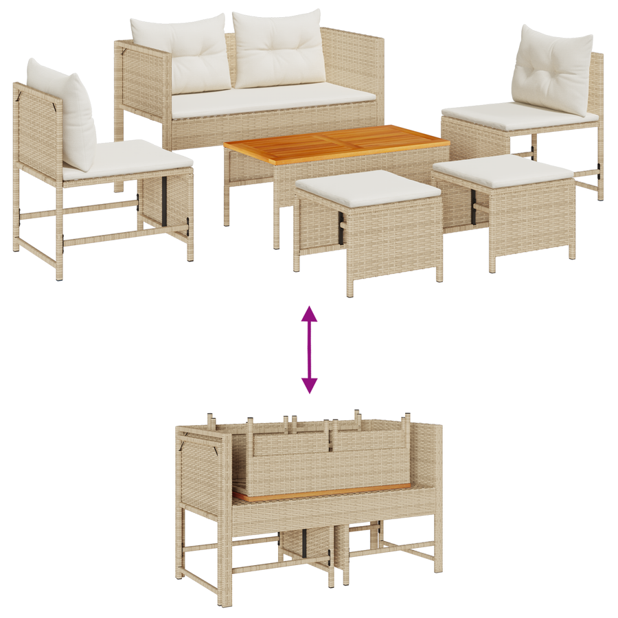 6-delige tuinsofa set met kussens beige poly rattan
