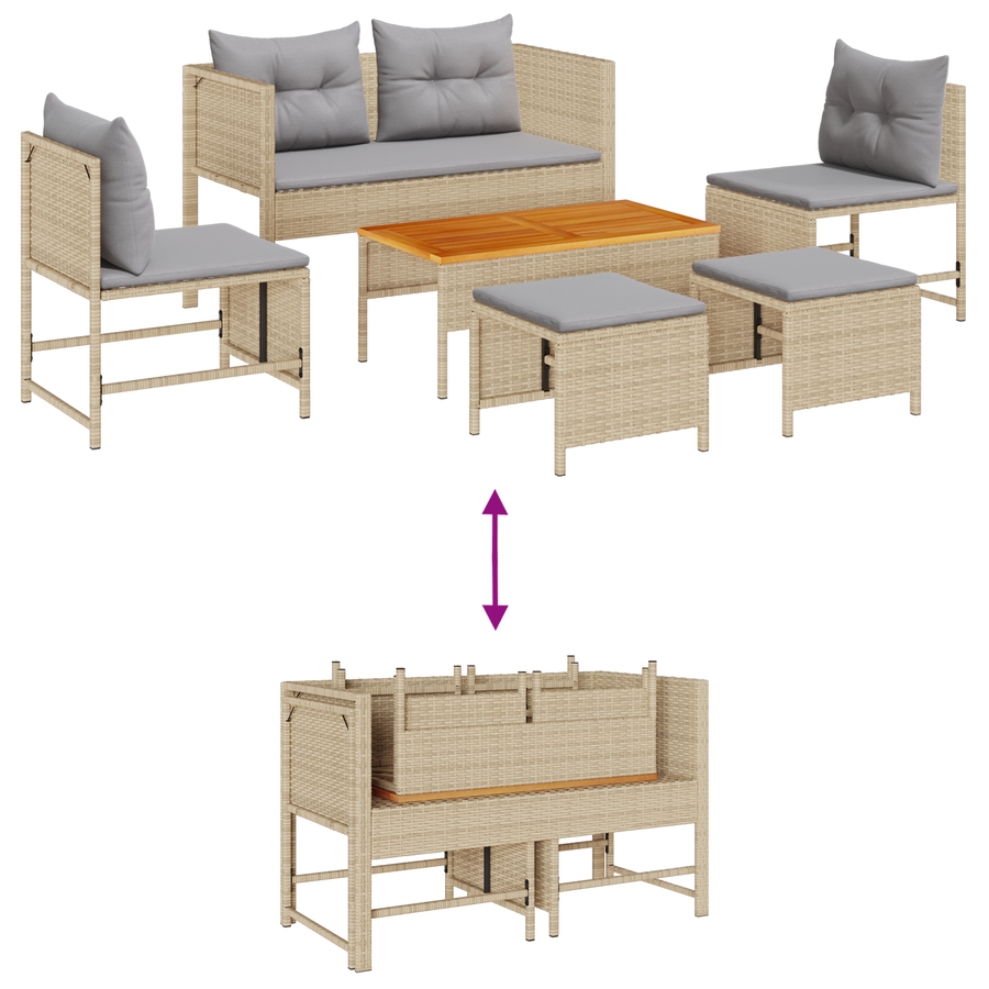 6-delige tuinset met kussens in beige poly rattan