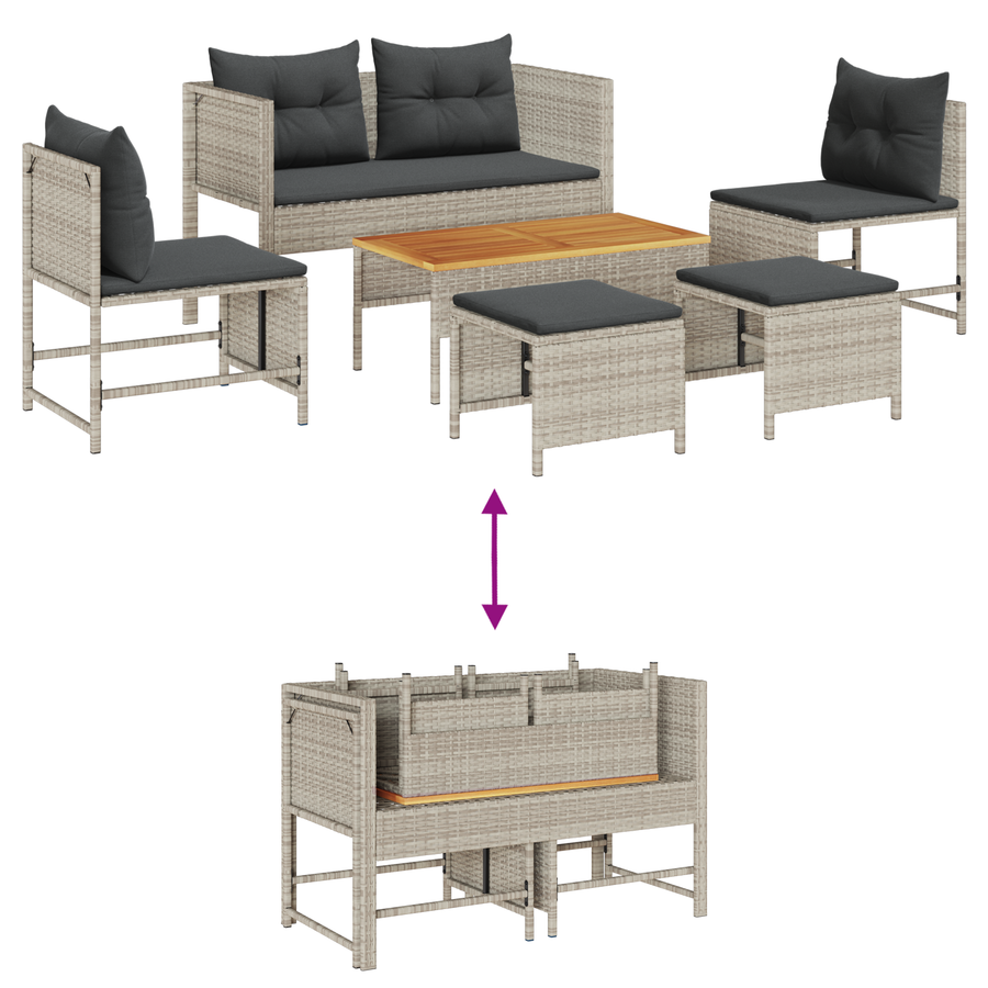 6-delige ligbed set met kussens lichtgrijs poly rattan