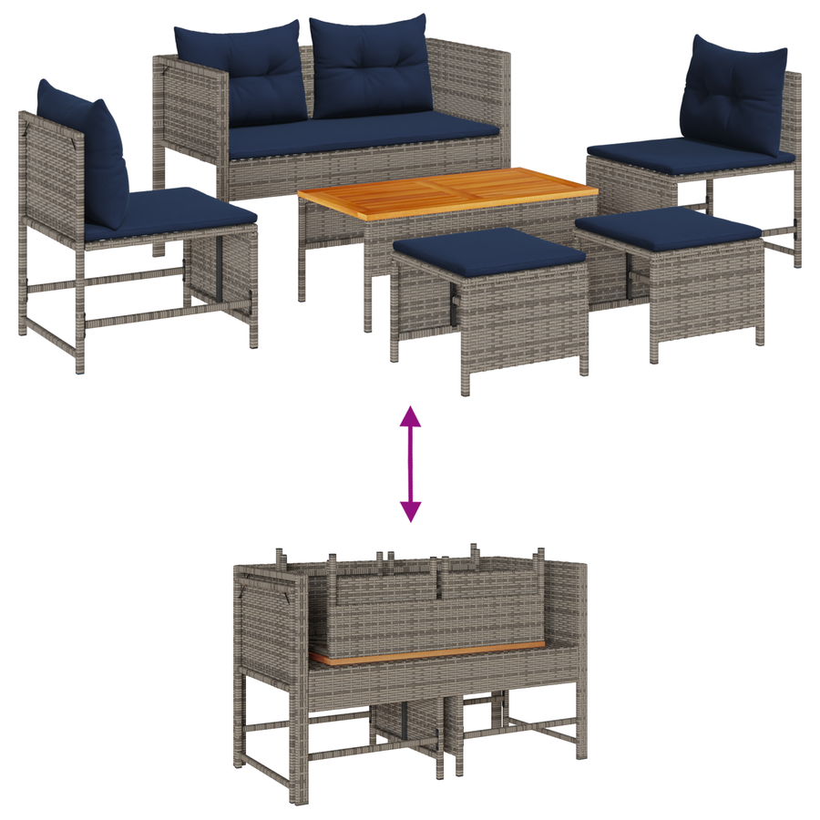 6-delige tuinset met kussens grijs poly rattan
