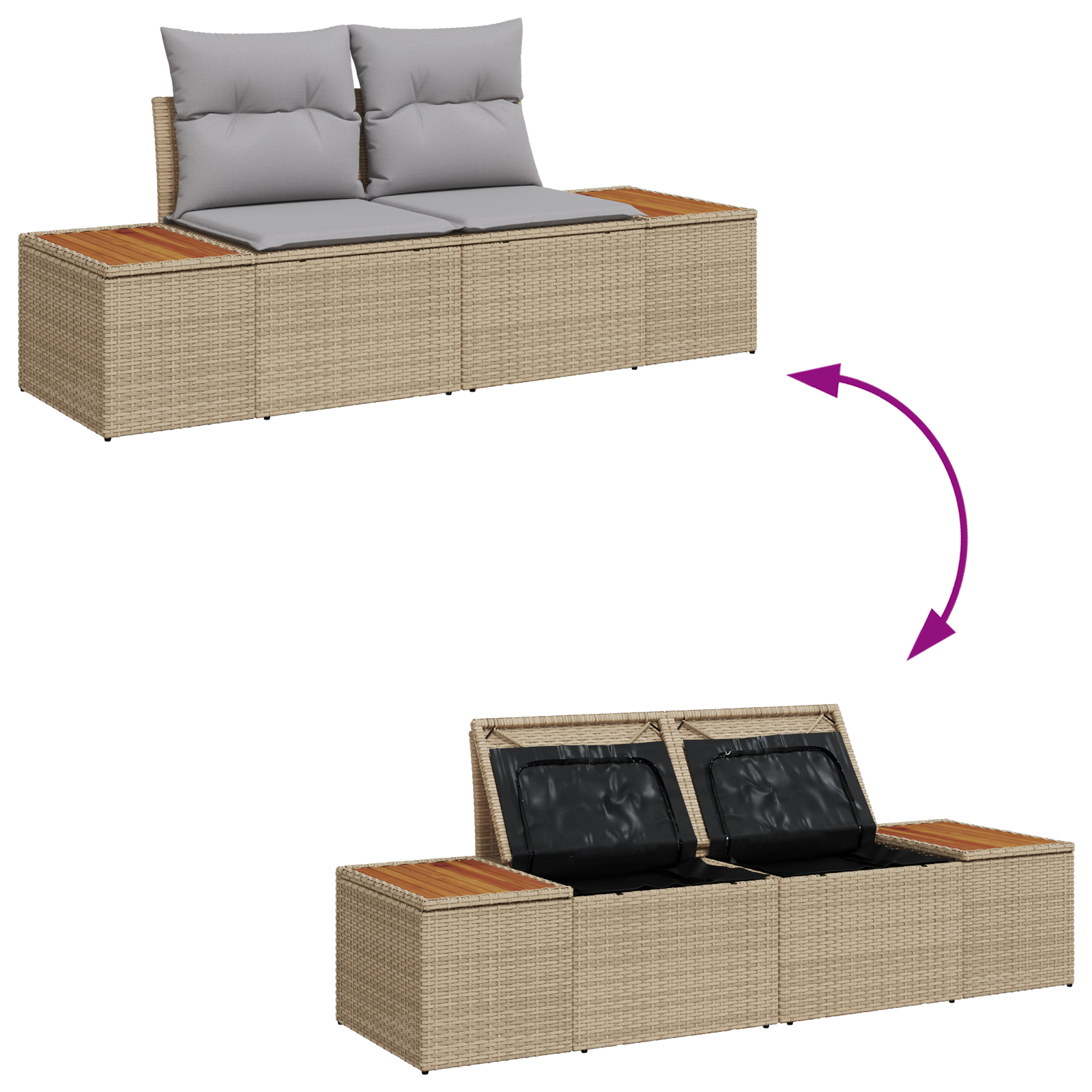 Tuinbank 2-zits met opbergruimte en kussens poly rattan beige