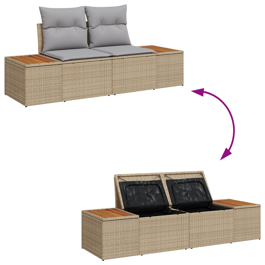 Tuinbank 2-zits met opbergruimte en kussens poly rattan beige